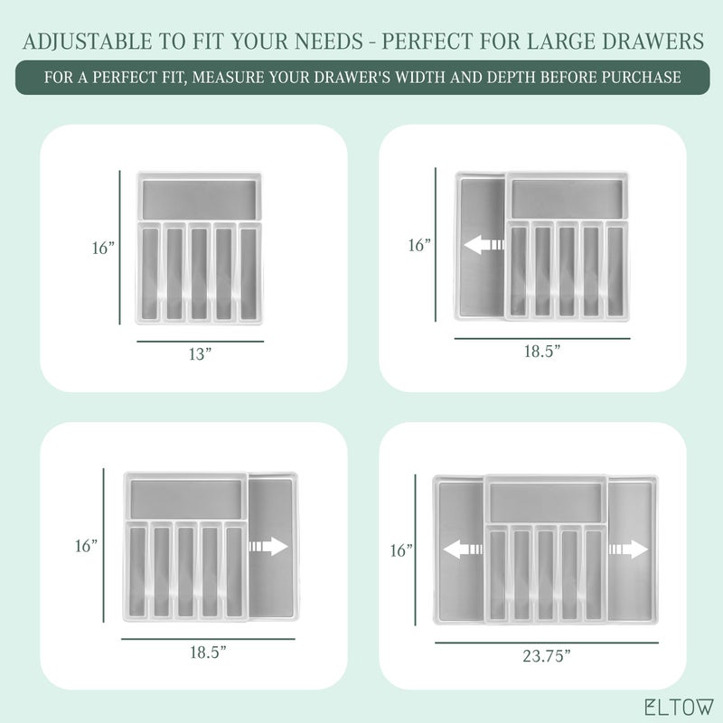 ELTOW Large Expandable Silverware Drawer Organizer, 8 Compartment Non-Slip & Adjustable Silverware Organizer for Drawer, Kitchen Organization for Utensils, Cutlery, Silverware Tray (White) - Image 2